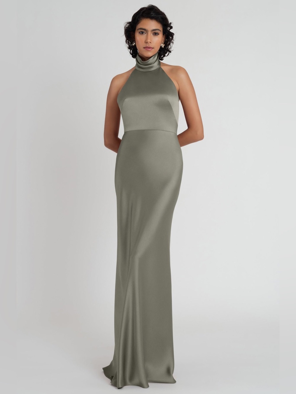 Jenny Yoo Olive Satin Backless Halter Gown
